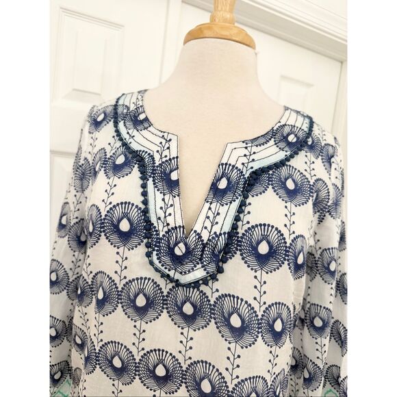 Nimo Blue White Pom Pom Embroidered Cotton Silk Dress Size Large - Picture 3 of 8